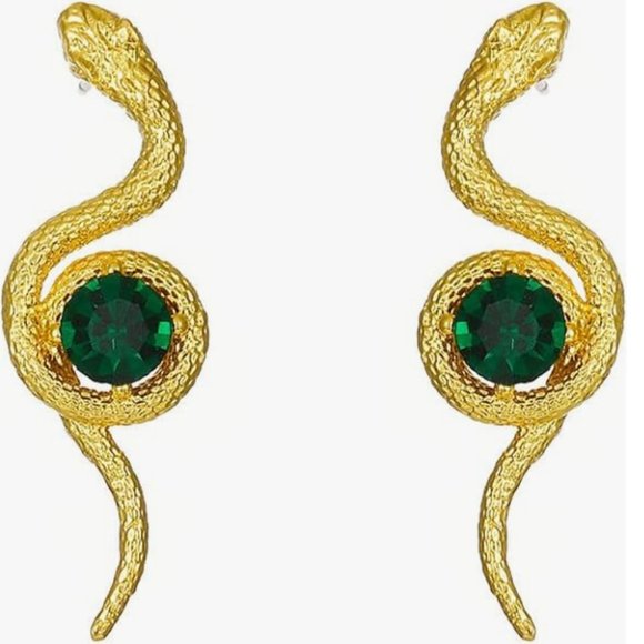 Gold Coiled Snake Green Stone Earrings 3D Snakes Modern Nature Boho Post New - Picture 3 of 7